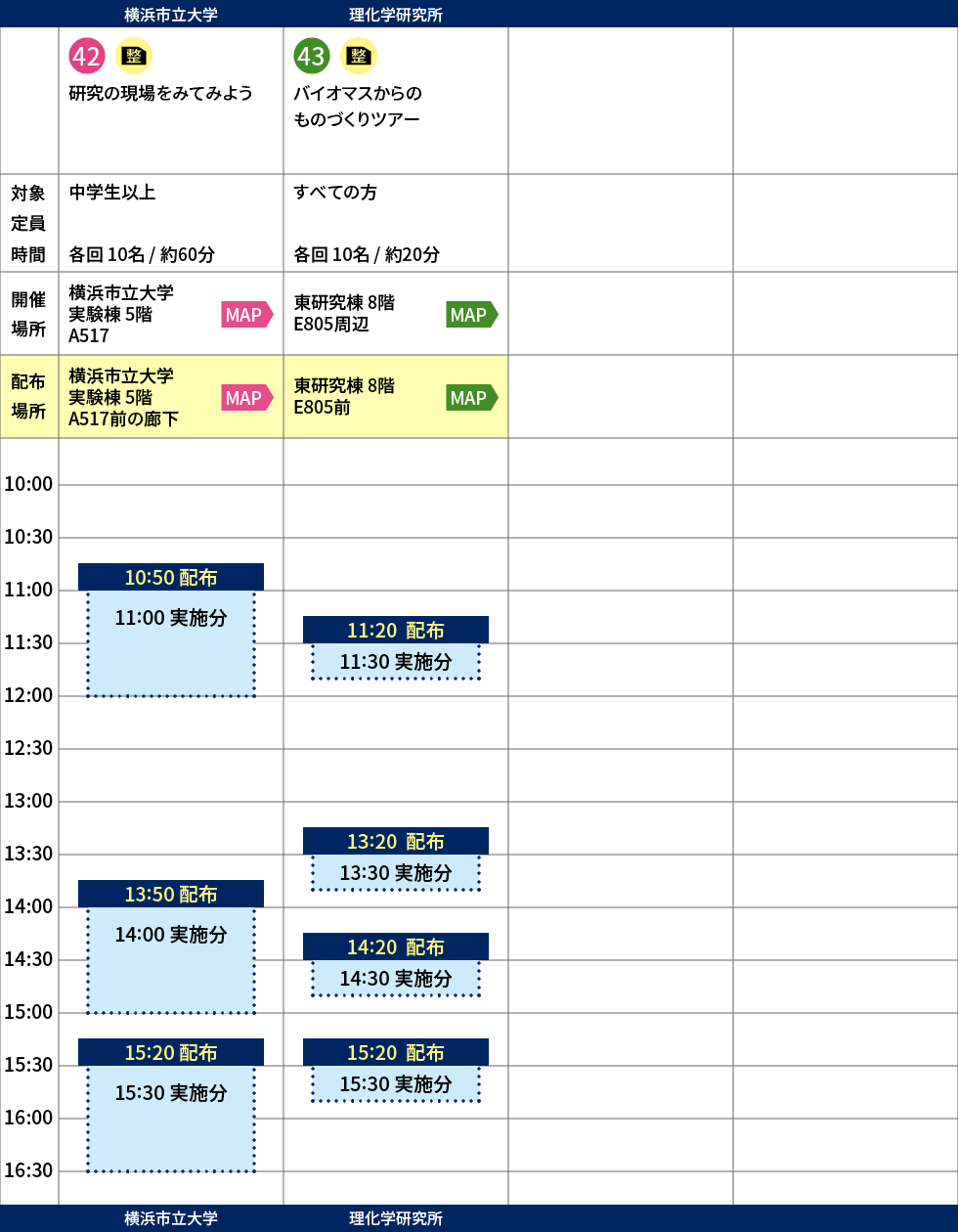 体験イベント42番、ツアーイベント43番の整理券タイムテーブル